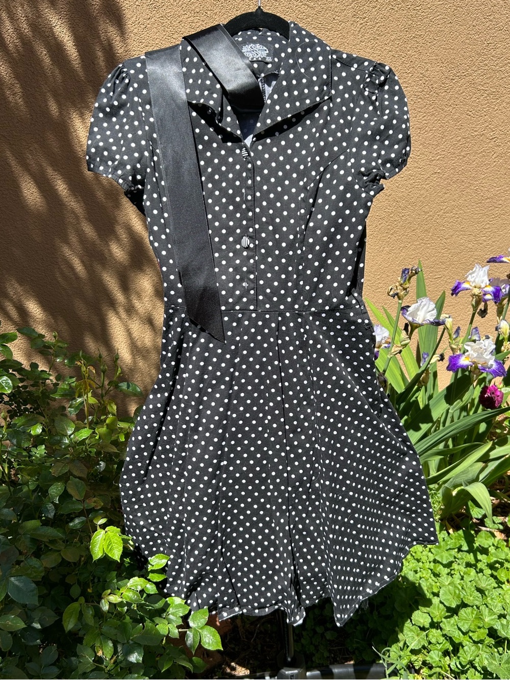 Hearts & Roses Black Polka Dot Fit-and-Flare Dress with Black Satin Sash Tie